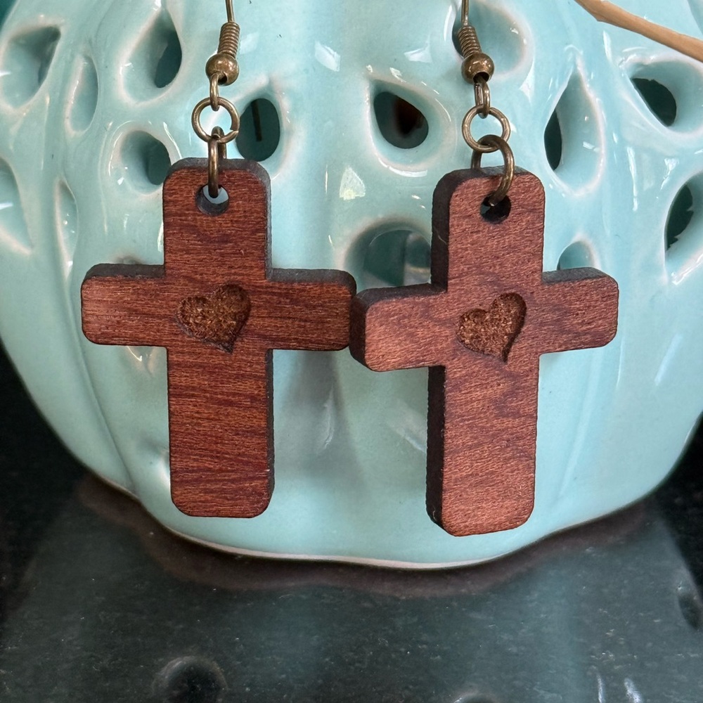 Wooden Cross Earrings with Heart Design
